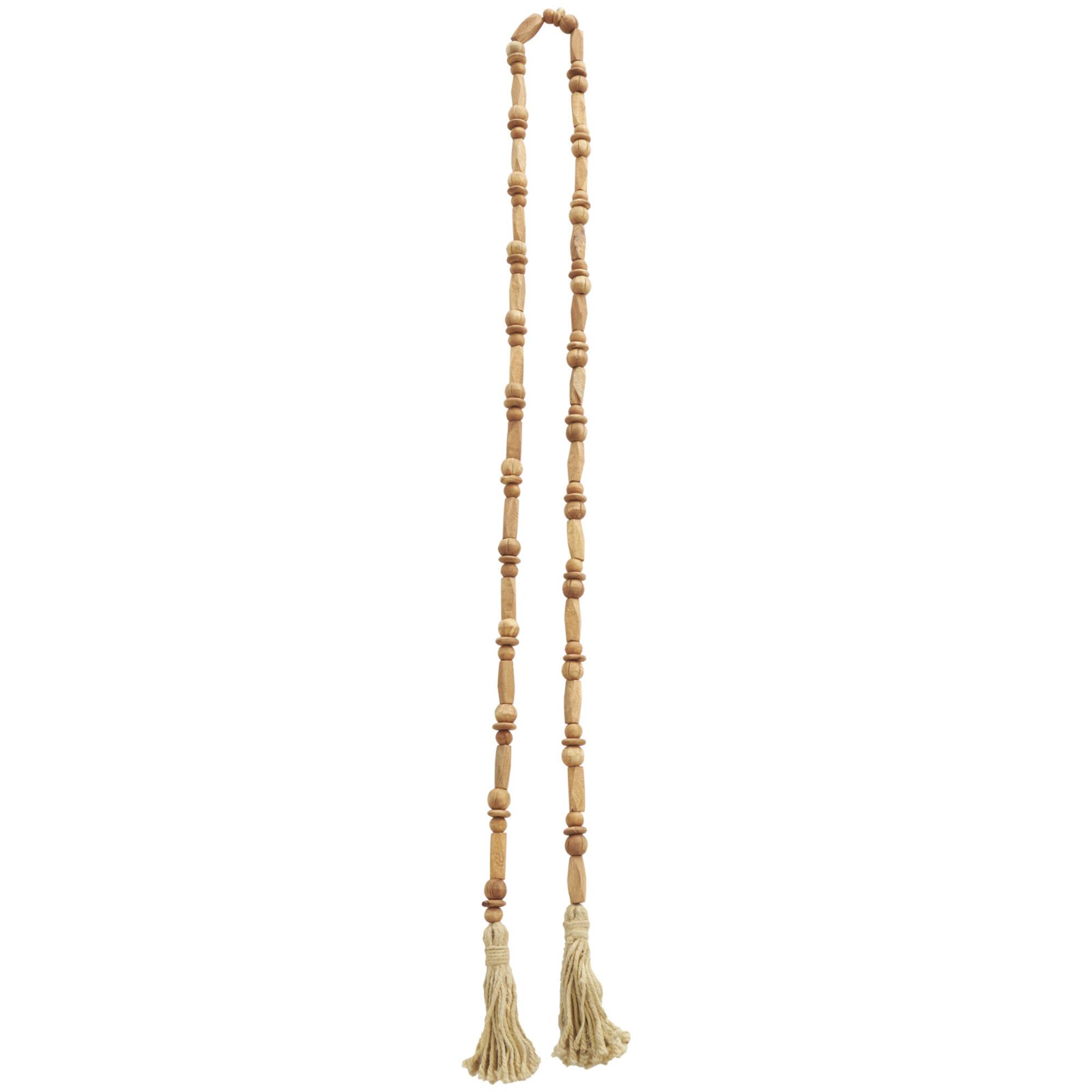 7ft. Brown Mango Wood Handmade Rectangle Carved Geometric Long Beaded Garland with Tassel